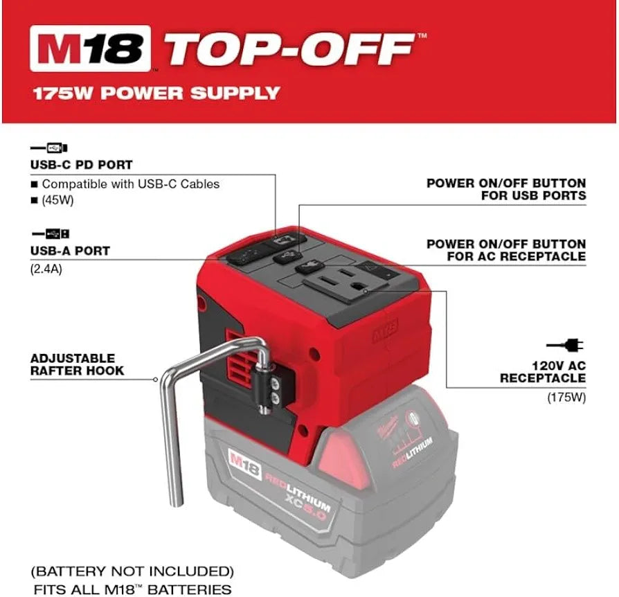 Milwaukee 2846-20 M18 18V 175W TOP-Off Li-Ion Compact Inverter Power Supply