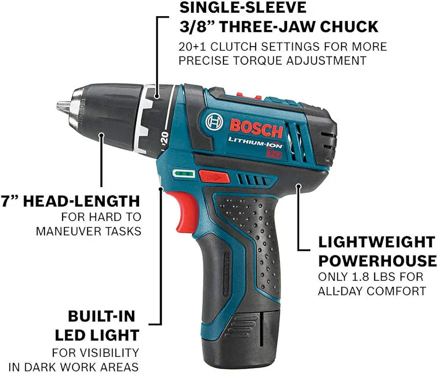 BOSCH CLPK22-120 12V Max Cordless 2-Tool Combo Kit with 3/8 In. Drill/Driver, 1/4 In. Impact Driver,  2 Ah Batteries, Charger and Case