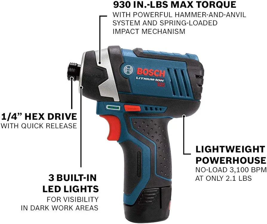 BOSCH CLPK22-120 12V Max Cordless 2-Tool Combo Kit with 3/8 In. Drill/Driver, 1/4 In. Impact Driver,  2 Ah Batteries, Charger and Case