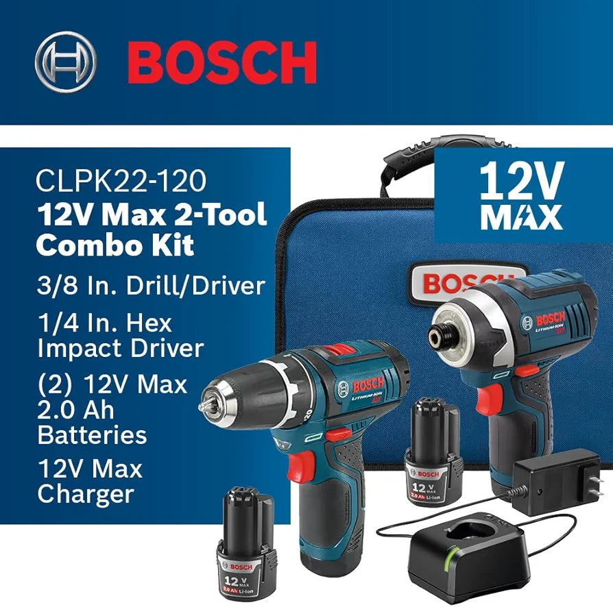 BOSCH CLPK22-120 12V Max Cordless 2-Tool Combo Kit with 3/8 In. Drill/Driver, 1/4 In. Impact Driver,  2 Ah Batteries, Charger and Case